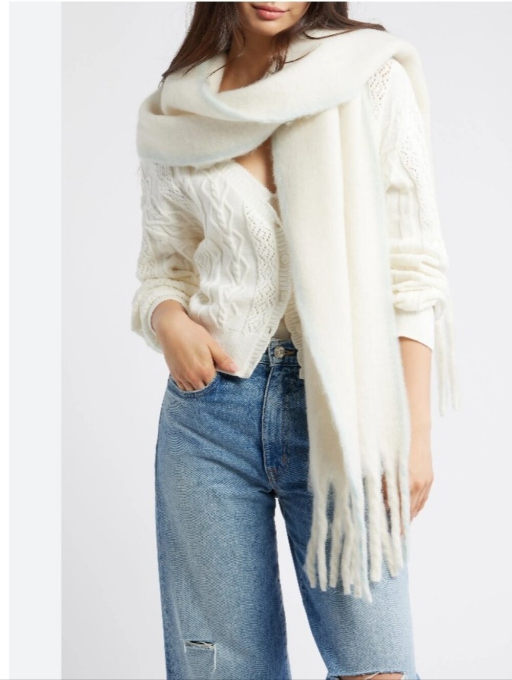 Free People Winter Chill Blanket Scarf In Cream OS NWT